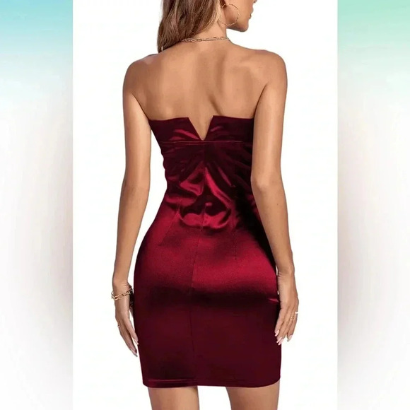 Satin Skily Split Slit Strapless Wrap Tube Sleeveless Bodycon Mini Dress, NEW - Picture 2 of 2